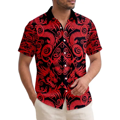 Fierce Red Eastern Dragon Tribal Palm Black Background - Tropical Island Lifestyle Gift Hawaiian Shirt