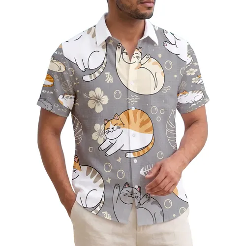 Chubby Cartoon Cats Tropical Hibiscus Leaves - Tropical Vacation Gift for Cat Lover Hawaiian Shirt