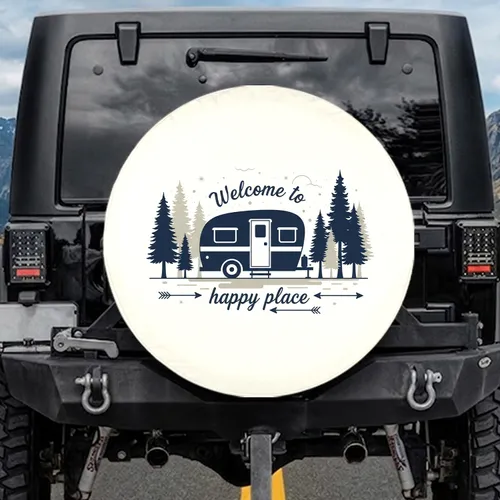 Vintage Camper Pine Trees Welcome Happy Place - Travel Lover Gift Spare Tire Cover