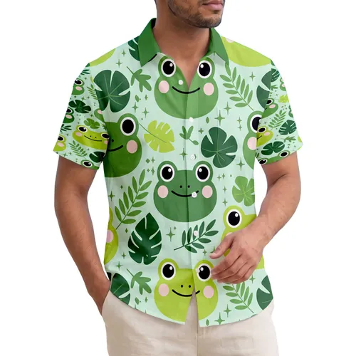 Cartoon Frog Faces Lily Pads Tropical Leaves Greenery Star Accents - Wildlife Lover Gift Hawaiian Shirt