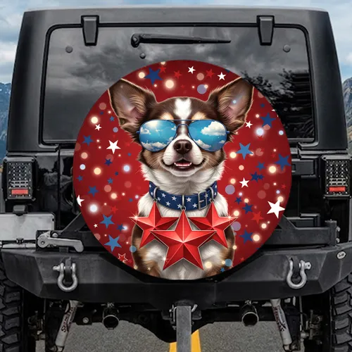 Chihuahua Dog Blue Sunglasses Red Star Collar - Independence Day Gift for Dog Lover Spare Tire Cover