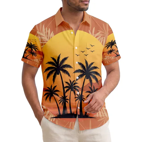 Sunset Palm Trees Silhouette Birds - Tropical Lifestyle Gift for Island Travel Hawaiian Shirt