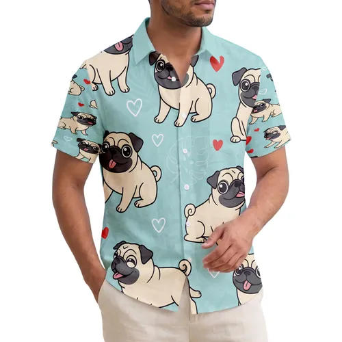 Cartoon Pugs Hearts Tropical Leaves - Tropical Lifestyle Gift for Pug Lovers Hawaiian Shirt