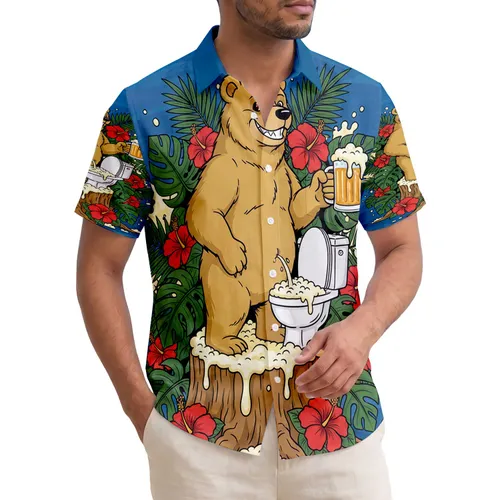 Golden Bear Beer Mug Toilet Stump Tropical Palm Hibiscus - Humorous Lifestyle Gift for Dads Hawaiian Shirt