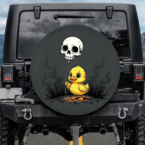 Fluffy Yellow Duckling Holding Skull Shaped Balloon, Grunge Smoke - Everyday Home Decor Gift Spare Tire Cover