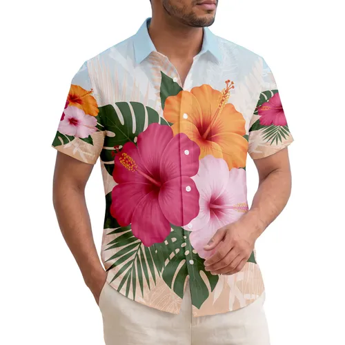 Fuchsia Orange Pink Hibiscus Flowers Tropical Leaves - Tropical Lifestyle Gift Hawaiian Shirt