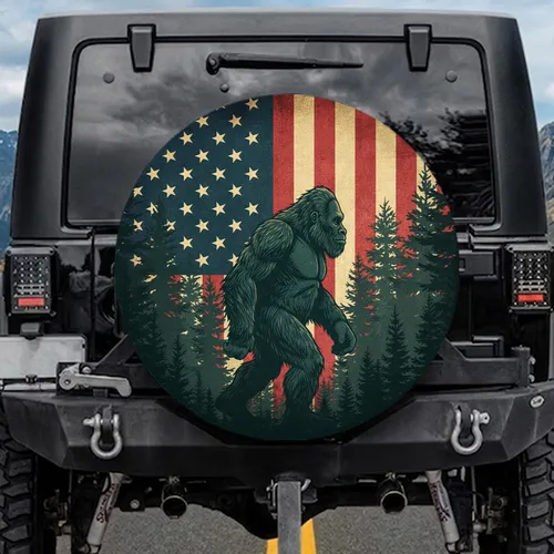 Bigfoot American Flag Forest - Patriotic Gift for Veterans Spare Tire Cover