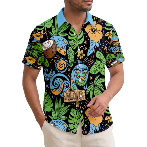 Aloha Tiki Mask Toucan Sea Turtle Tropical Palm Fronds Coconuts - Beach Vacation Gift Hawaiian Shirt