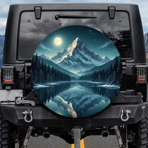 Majestic Snow-Capped Mountain Lake Moon Night Sky Forest - Home Decor Gift Spare Tire Cover