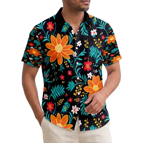 Tropical Orange Red Flowers Blue Tendrils Dark Teal Leaves - Everyday Decor Gift Hawaiian Shirt