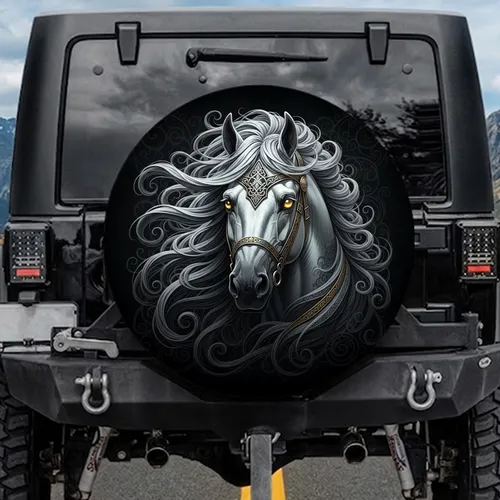 Horse Head Gold Eyes Ornate Celtic Bridle Knotwork - Equestrian Lover Gift Spare Tire Cover