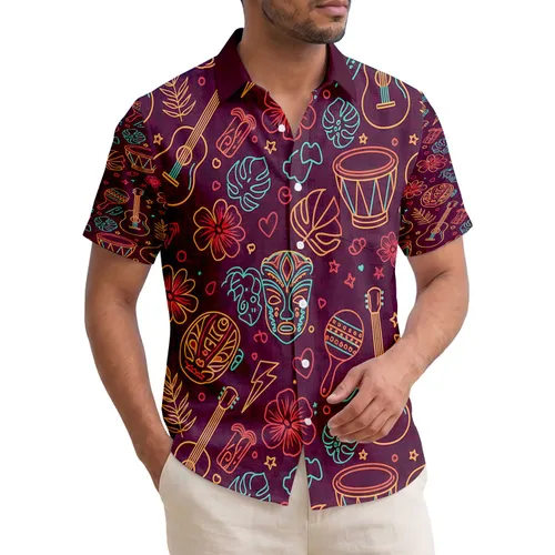 Drums Guitars Tribal Masks Maracas Tropical Leaves Hibiscus - Tropical Travel Gift for Music Lover Hawaiian Shirt
