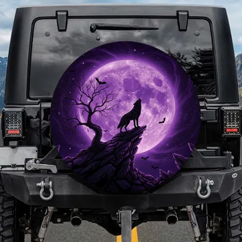 Howling Wolf Rocky Cliff Purple Moon Starry Night - Wildlife Lover Gift Spare Tire Cover