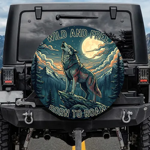 Howling Wolf Wild and Free Born to Roam Rocky Mountains - Adventure Lover Gift Spare Tire Cover