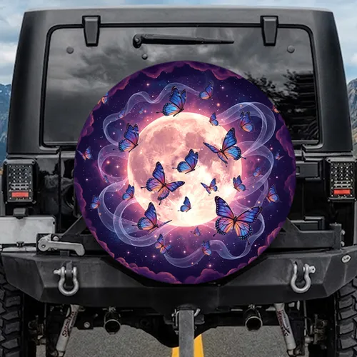 Fluttering Butterflies Luminous Moon Cosmic Nebula - Nature Lover Gift Spare Tire Cover
