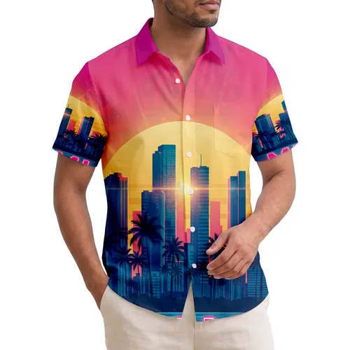 Miami Neon Text High Rise City Palm Trees Tropical Sunset - Beach Vacation Gift Hawaiian Shirt