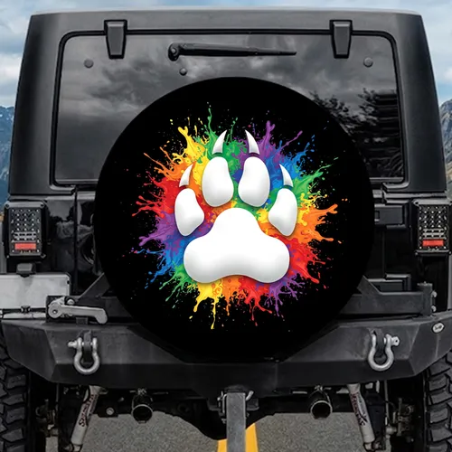 White Bear Paw Print Rainbow Splatter - Wildlife Lover Gift for Bear Enthusiast Spare Tire Cover