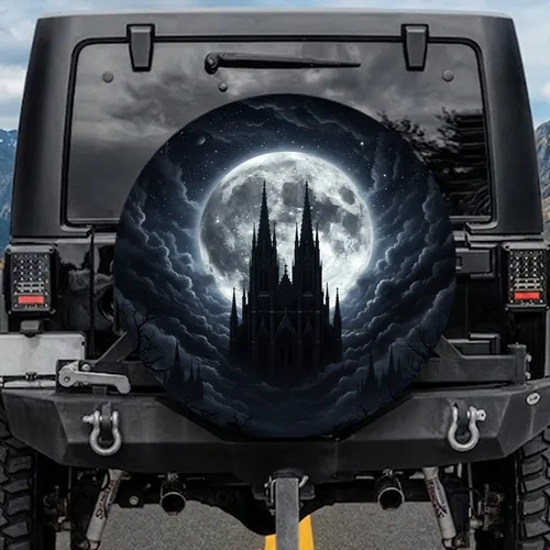 Gothic Cathedral Spire Full Moon Celestial Clouds - Gothic Fantasy Lover Gift Spare Tire Cover