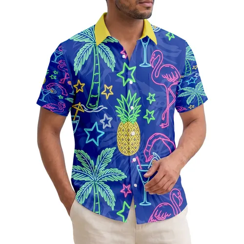 Neon Palm Tree Flamingo Pineapple Glowing Star Tropical Lifestyle Gift Hawaiian Shirt