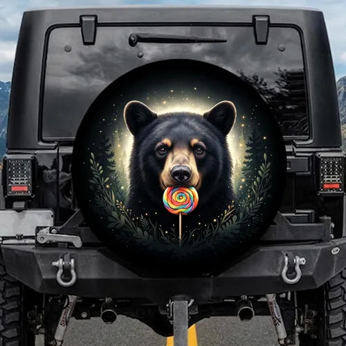 Curious Black Bear Cub Rainbow Lollipop Night Forest - Wildlife Lover Gift Spare Tire Cover