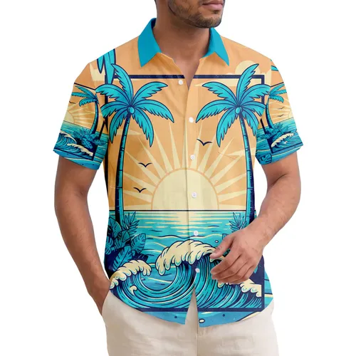 Palm Trees Sun Ocean Waves Scene - Home Decor Gift for Island Lover Hawaiian Shirt