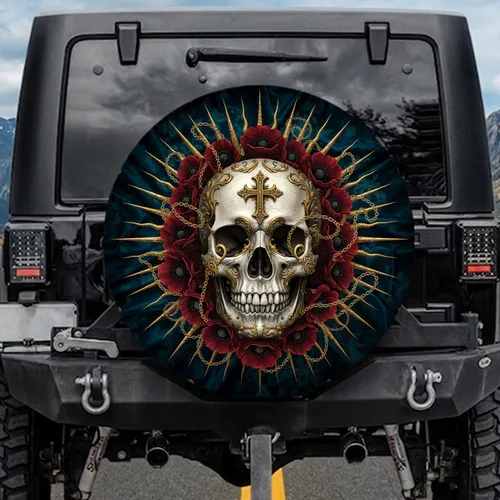 Skull Gold Cross Poppy Sunburst - Vehicle Decor Gift Spare Tire Cover