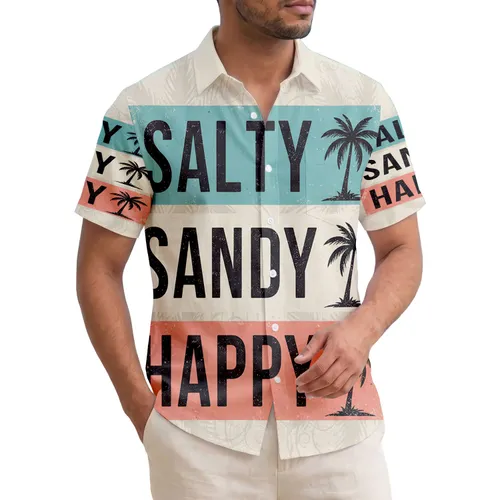 Salty Sandy Happy Text Palm Trees Tropical Beach Scene - Everyday Beach Lover Gift Hawaiian Shirt