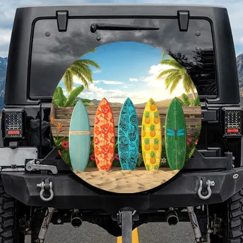 Vintage Surfboards Coconut Palm Tropical Beach Scene - Beach Lover Gift Spare Tire Cover