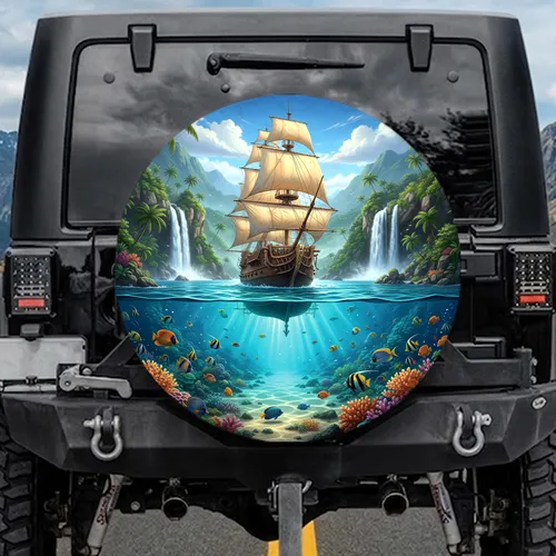 Vintage Sailing Ship Tropical Island Coral Reef - Outdoor Adventure Traveler Gift Spare Tire Cover