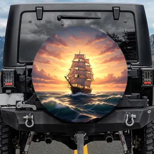 Magnificent Three-Masted Clipper Ship Ocean Waves Sunset Sky - Outdoor Adventure Gift Spare Tire Cover