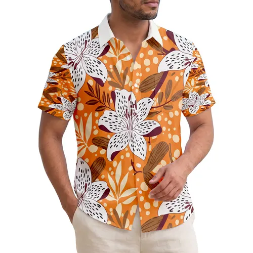 White Lilies Black Spots Tangerine Orange Seed Pods Botanical Leaves Tropical Lifestyle Home Decor Hawaiian Shirt