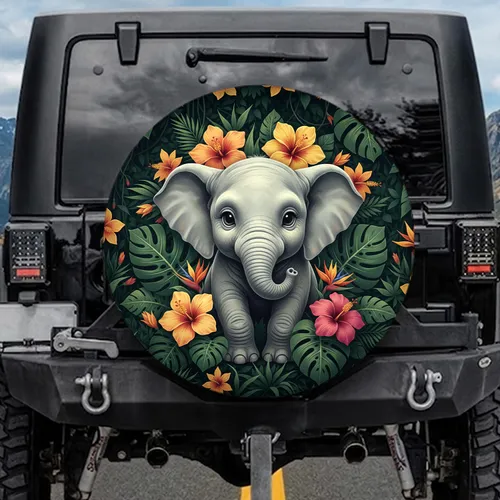 Baby Elephant Lush Tropical Jungle Floral Display - Wildlife Lover Gift Spare Tire Cover