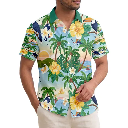 Dark Blue Toucans Hibiscus Palm Trees Island Sunset - Tropical Vacation Gift for Island Lovers Hawaiian Shirt