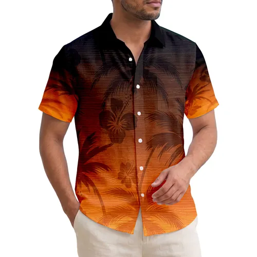 Tropical Palm Hibiscus Wave Ocean Ripples Wood Grain Sunset - Everyday Home Decor Gift Hawaiian Shirt