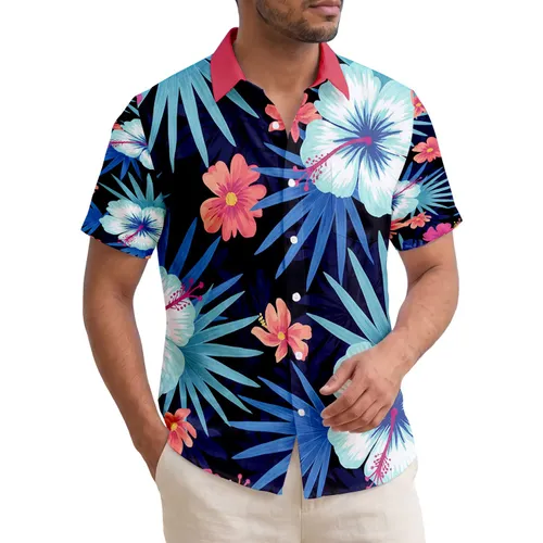 Black Background Hibiscus Blossoms Palm Fronds Aqua Blue Foliage - Resort Wear Gift Hawaiian Shirt