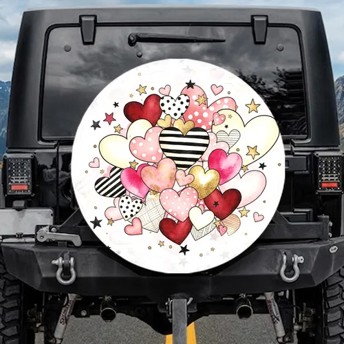 Deep Red Pink Gold Black Layered Hearts Stars - Vehicle Decor Gift Spare Tire Cover