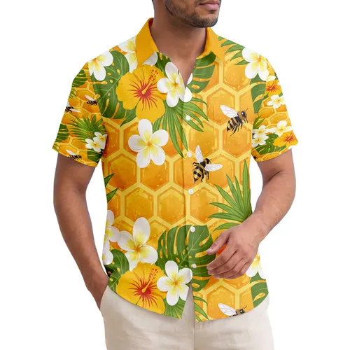 Buzzing Honey Bee Golden Honeycomb Tropical Hibiscus Plumeria Palm Leaves - Nature Lover Gift Hawaiian Shirt
