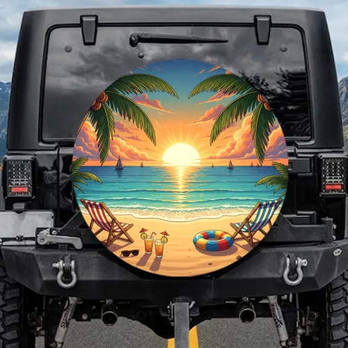 Tropical Beach Sunset Palm Tree Sailboat - Beach Lover Gift Spare Tire Cover