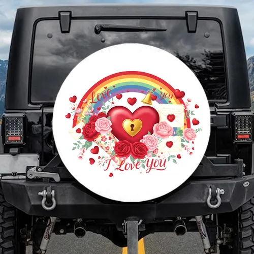 Rainbow Golden Heart Padlock Love Letters Floral - Valentine's Day Gift Spare Tire Cover
