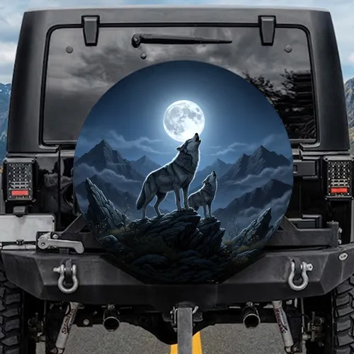 Howling Wolves Full Moon - Wildlife Lover Gift for Wolf Lovers Spare Tire Cover