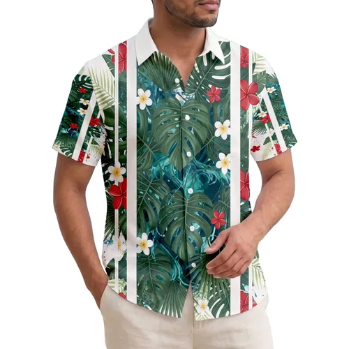 Vertical Plumeria Flower Monstera Palm Foliage Beach Sand Island Waves - Tropical Home Decor Gift Hawaiian Shirt