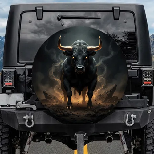 Black Bull Golden Horns Swirling Dust - Powerful Wildlife Lover Gift Spare Tire Cover