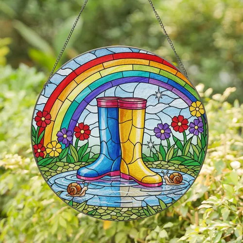 Colorful Rain Boots Rainbow Wildflowers - Home Decor Gift for Garden Lover Stained Glass Suncatcher