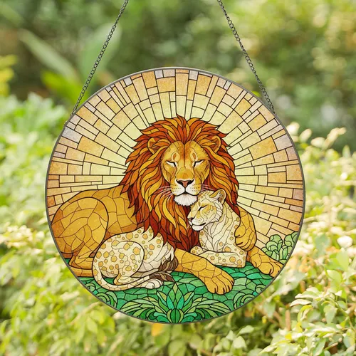 Lion Couple Embracing - Home Decor Gift for Wildlife Lovers Stained Glass Suncatcher