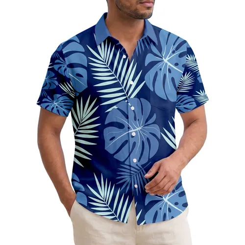 Tropical Ocean Blue Monstera Leaves Palm Fronds - Home Decor Gift for Beach Lover Hawaiian Shirt