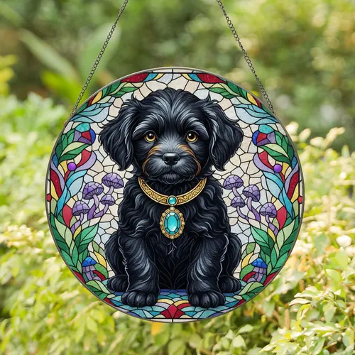 Fluffy Black Puppy Gold Collar Geometric Glass - Dog Lover Home Decor Gift Stained Glass Suncatcher