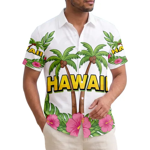HAWAII Text Palm Tree Hibiscus Floral Wreath - Travel Essentials Hawaiian Shirt