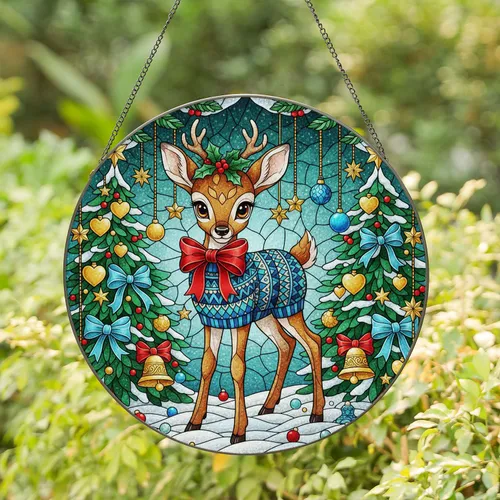 Reindeer Calf Fair Isle Sweater Christmas Trees Golden Bells - Holiday Home Decor Gift Stained Glass Suncatcher