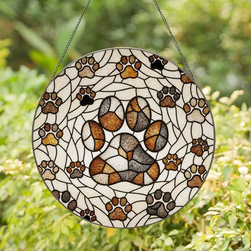 Central & Surrounding Paw Prints & Individual Pads Network - Pet Lover Home Decor Gift Stained Glass Suncatcher