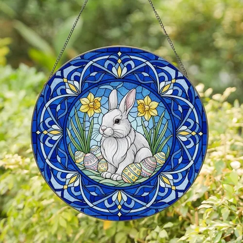 Fluffy White Rabbit Easter Eggs Daffodils - Easter Home Decor Gift for Rabbit Lovers Stained Glass Suncatcher